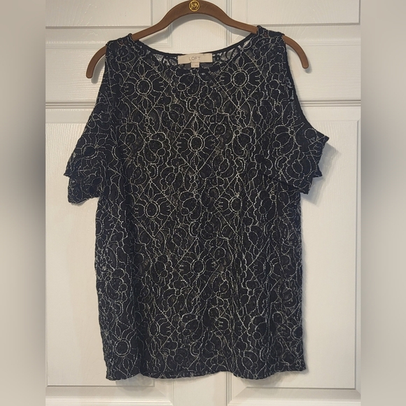 Loft Black Lace Cold Shoulder Blouse Size Large - Picture 1 of 5